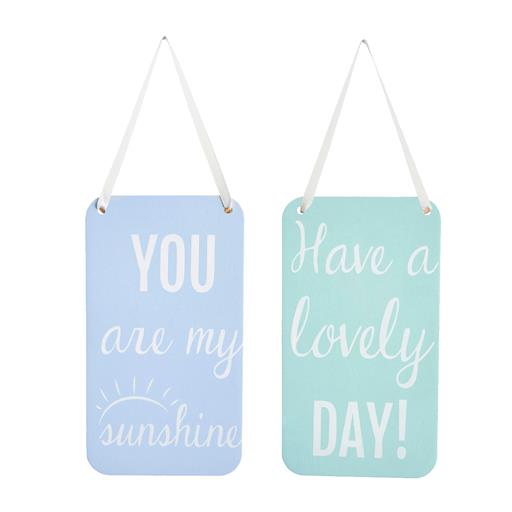Blue and mint hanging signs
